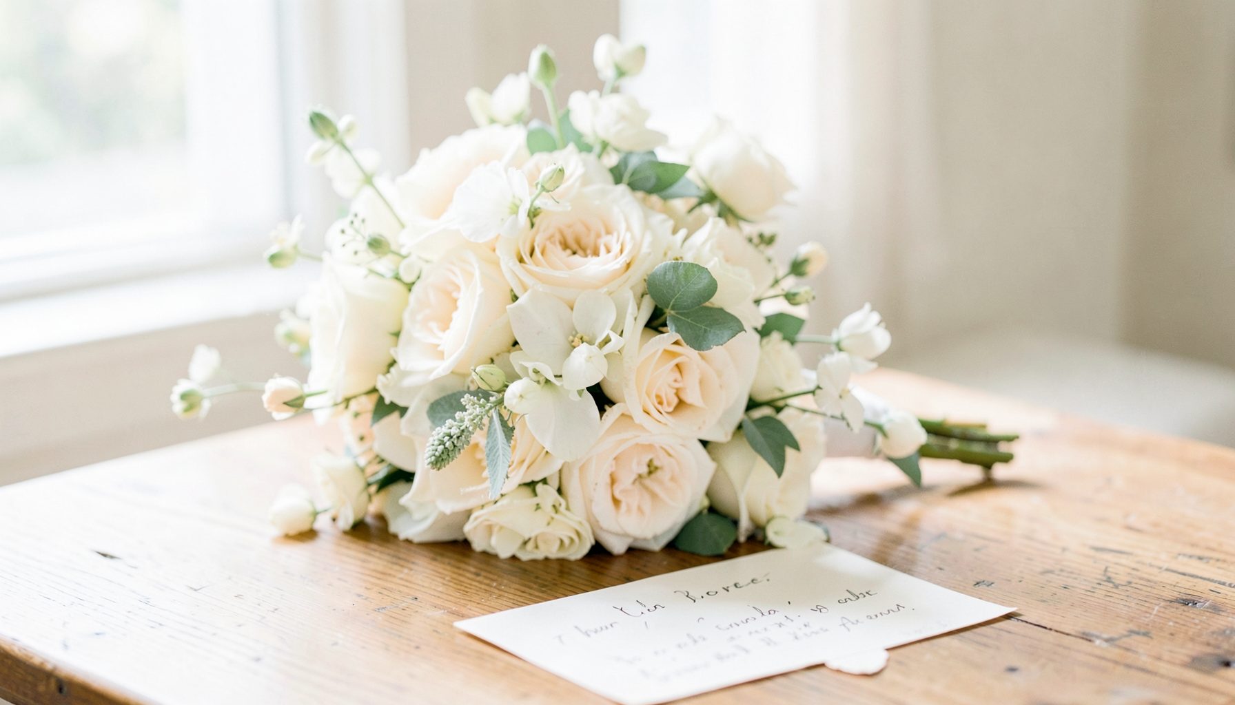 A bright, airy photograph of a bride's bouquet resting on a wooden table beside a handwritten note, soft natural light streaming in.
