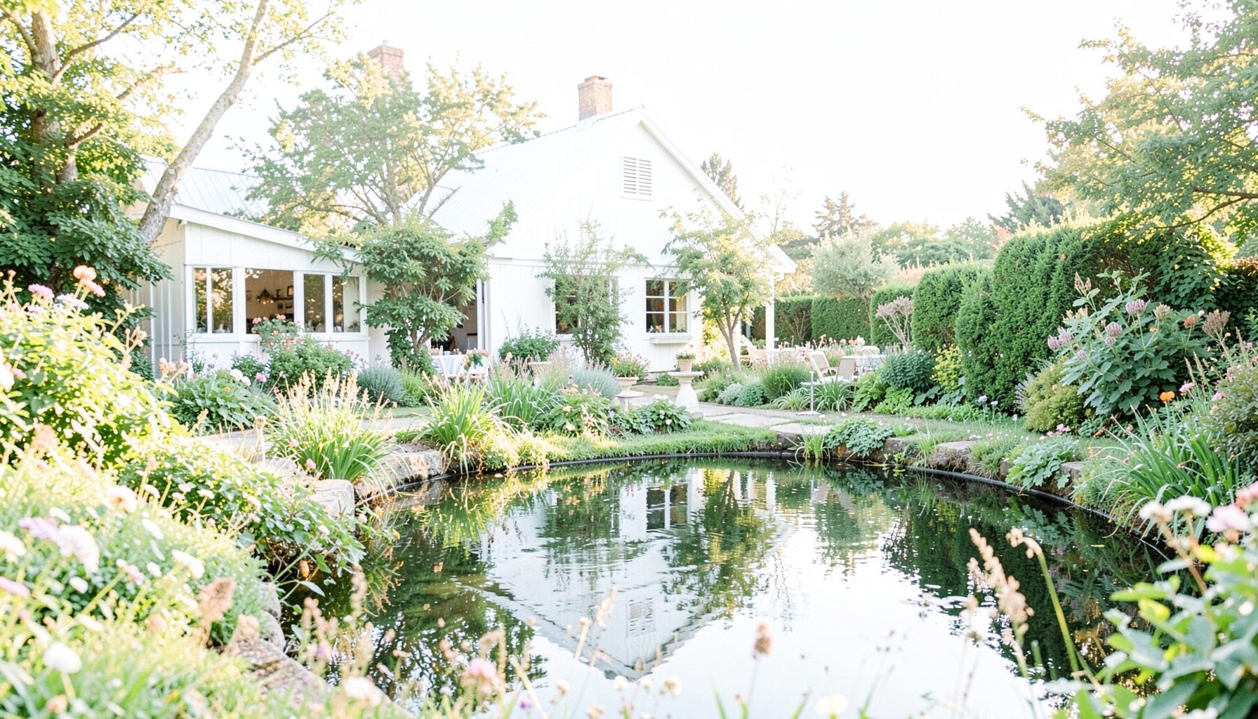 A charming garden venue with a white barn, lush greenery, and a pond reflecting the afternoon sunlight