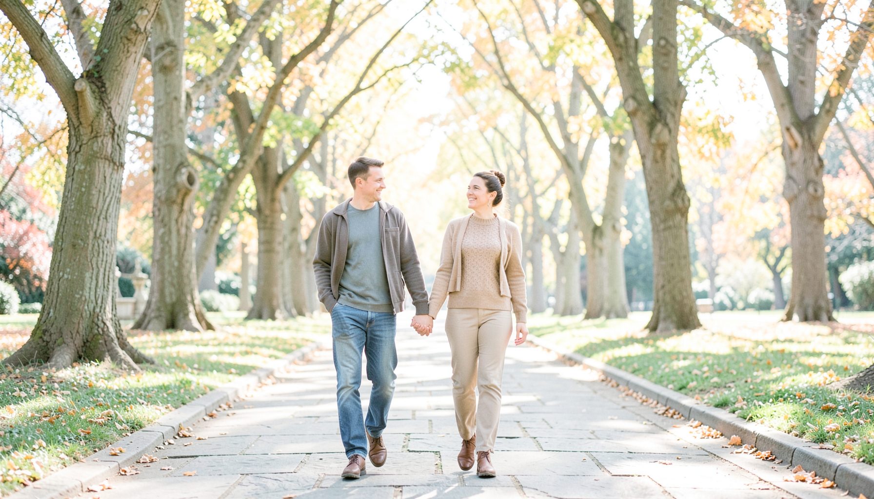 A couple walking hand in hand through a historic park with tall trees, dappled autumn light falling across a stone pathway