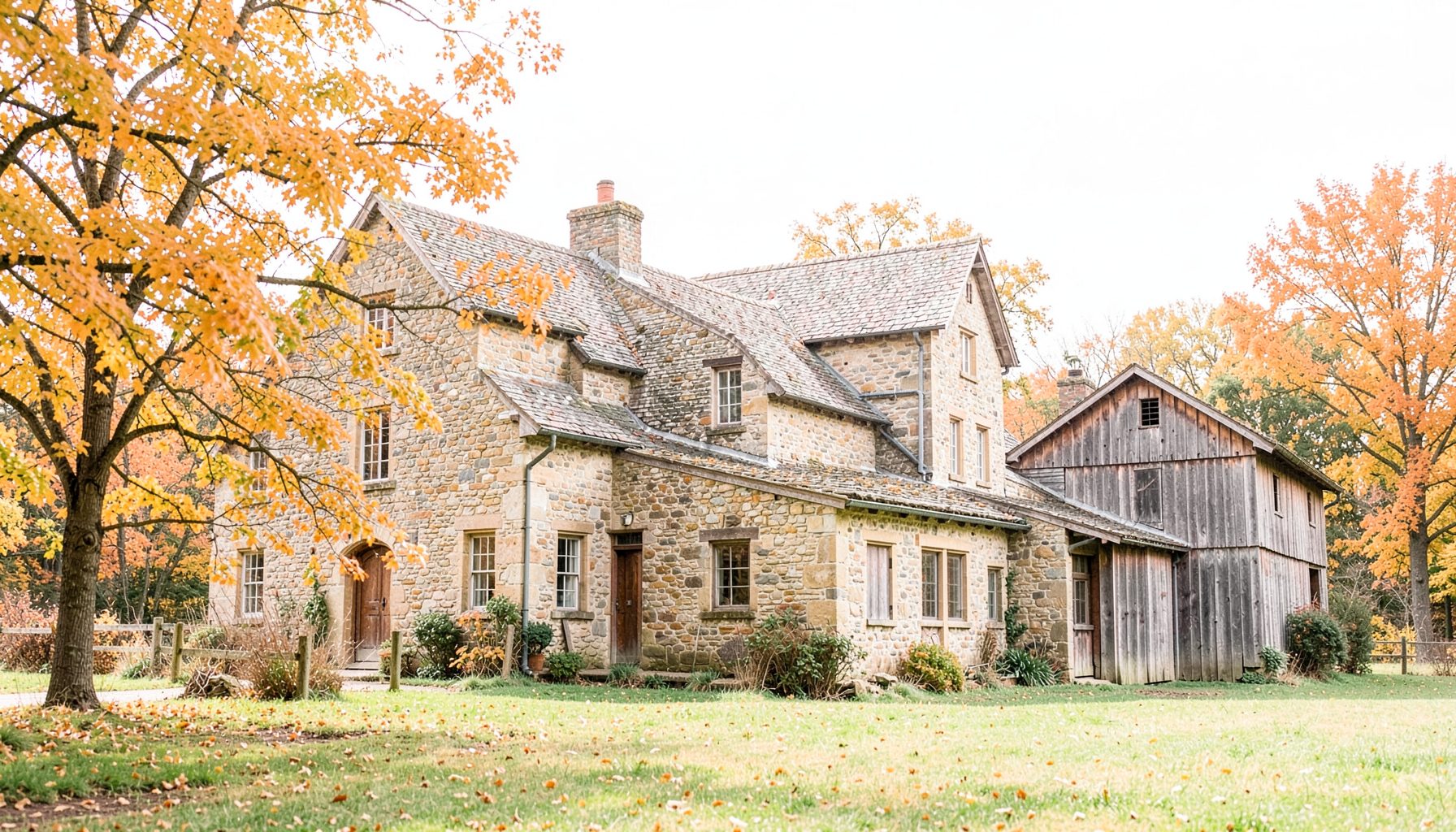 A historic stone farmhouse and barn in autumn, warm amber and gold foliage framing the rustic buildings