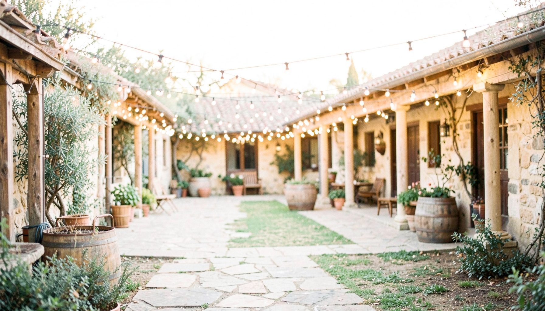 A rustic winery venue at golden hour, string lights twinkling above a courtyard with stone pathways