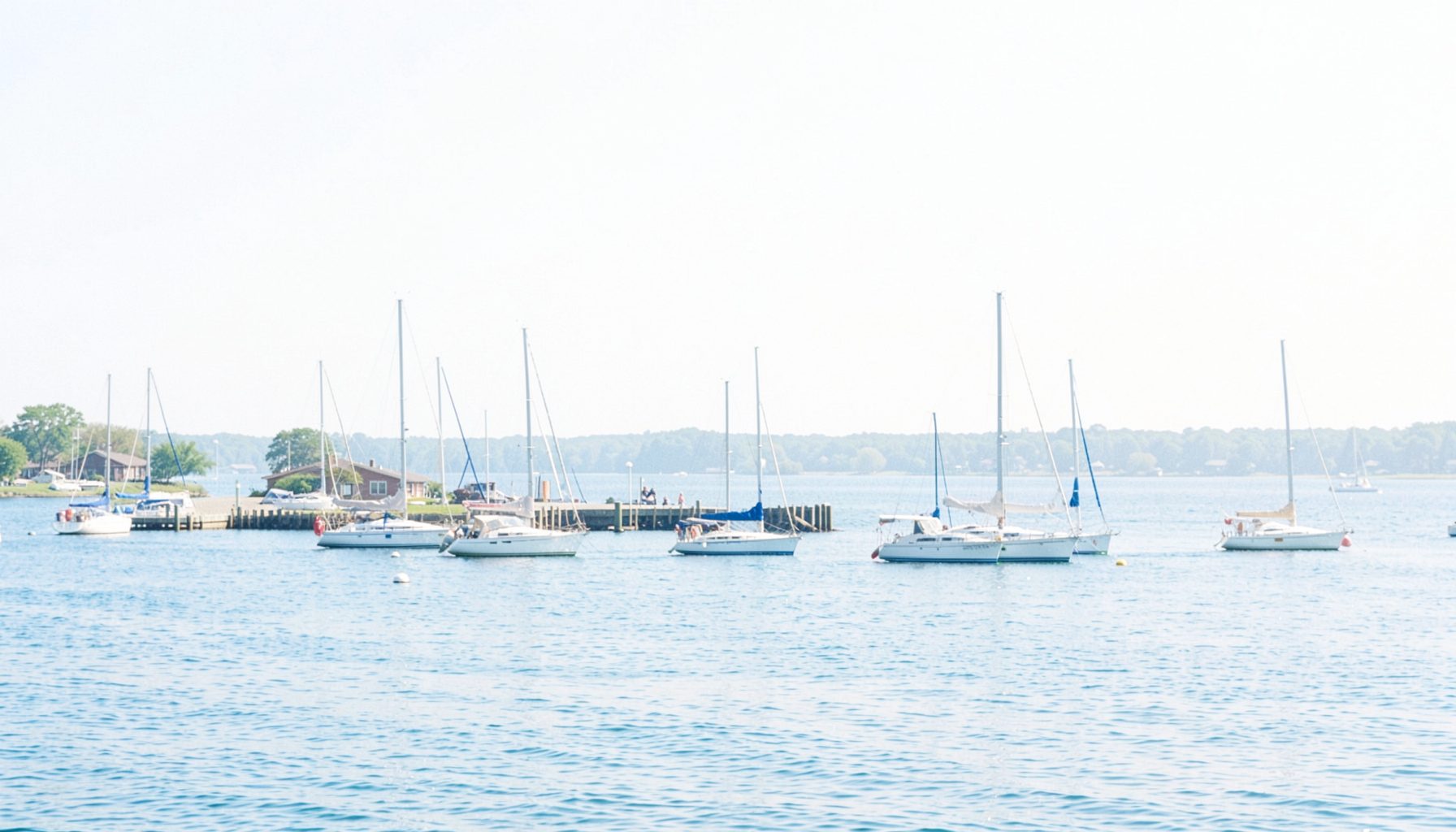 A waterfront venue on the Chesapeake Bay, sailboats drifting on calm blue water under a hazy summer sky