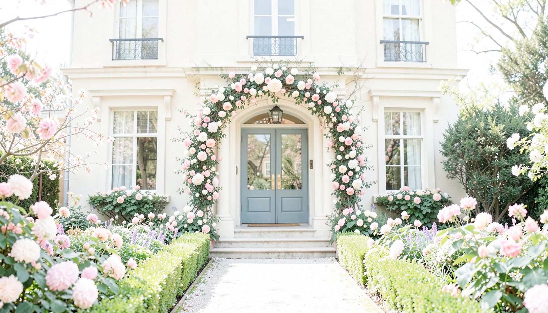 An elegant mansion exterior with manicured gardens in full spring bloom, soft pastel florals framing the entrance