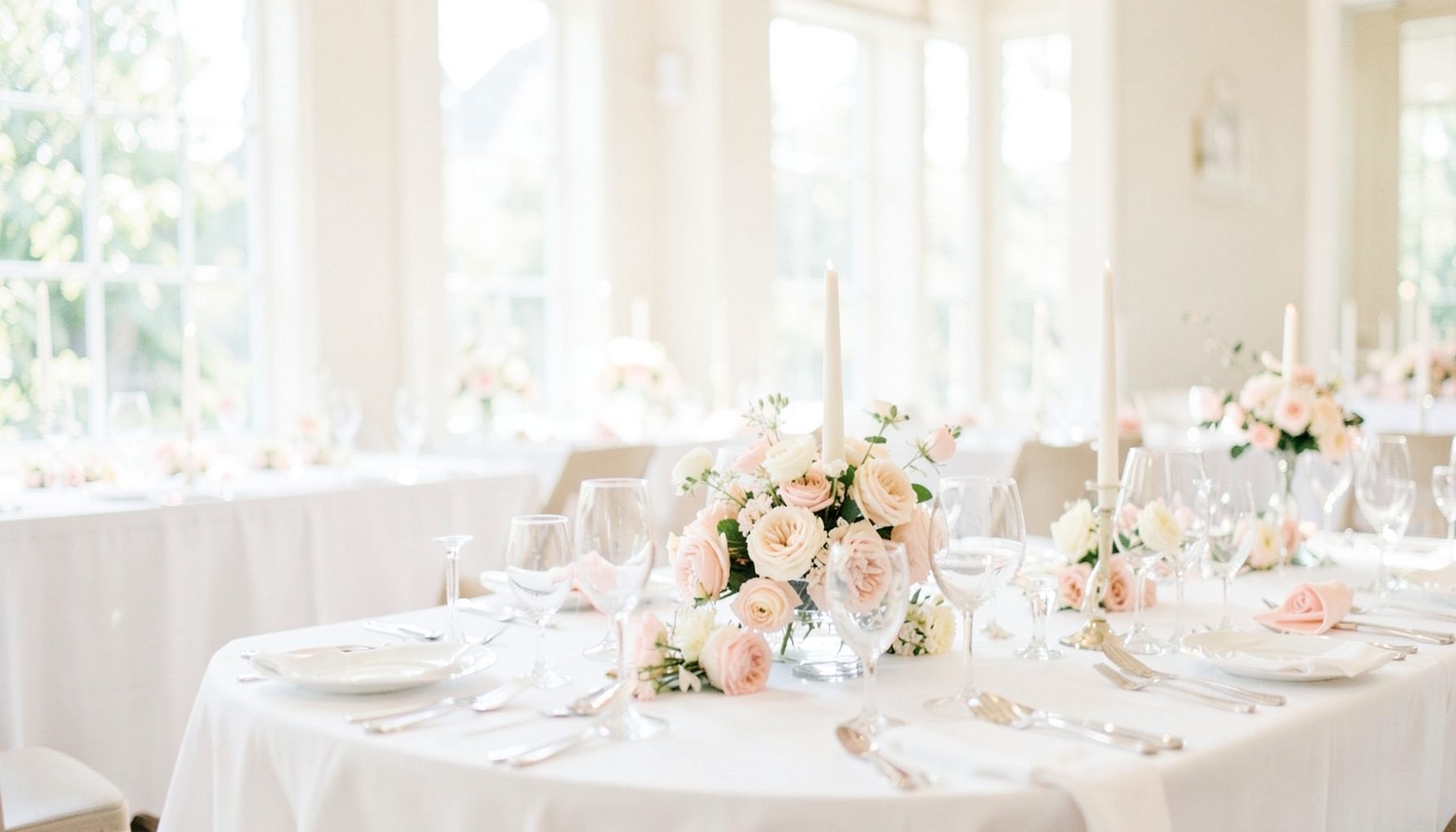 A bright, airy wedding reception scene with soft natural light streaming through tall windows, white table linens, and delicate floral arrangements