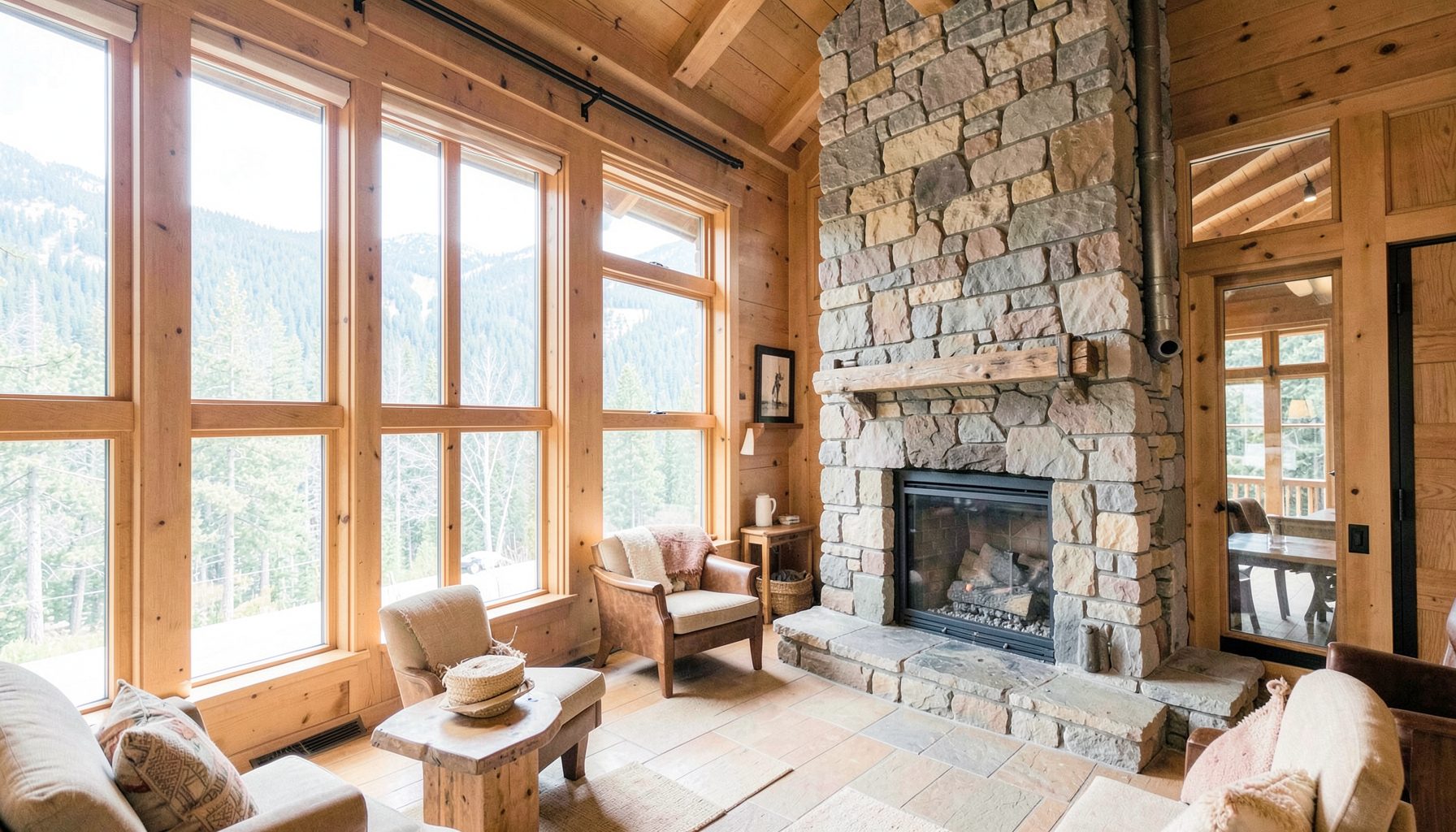 A mountain resort lodge with expansive windows overlooking forested slopes, featuring warm wood interiors and a grand stone fireplace